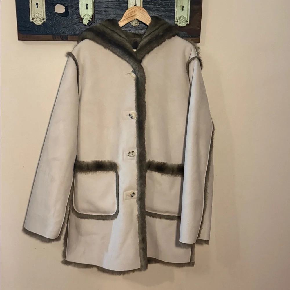 Dennis Basso Reversible Faux Fur Faux Suede Coat with Hood Size Medium - Picture 11 of 16